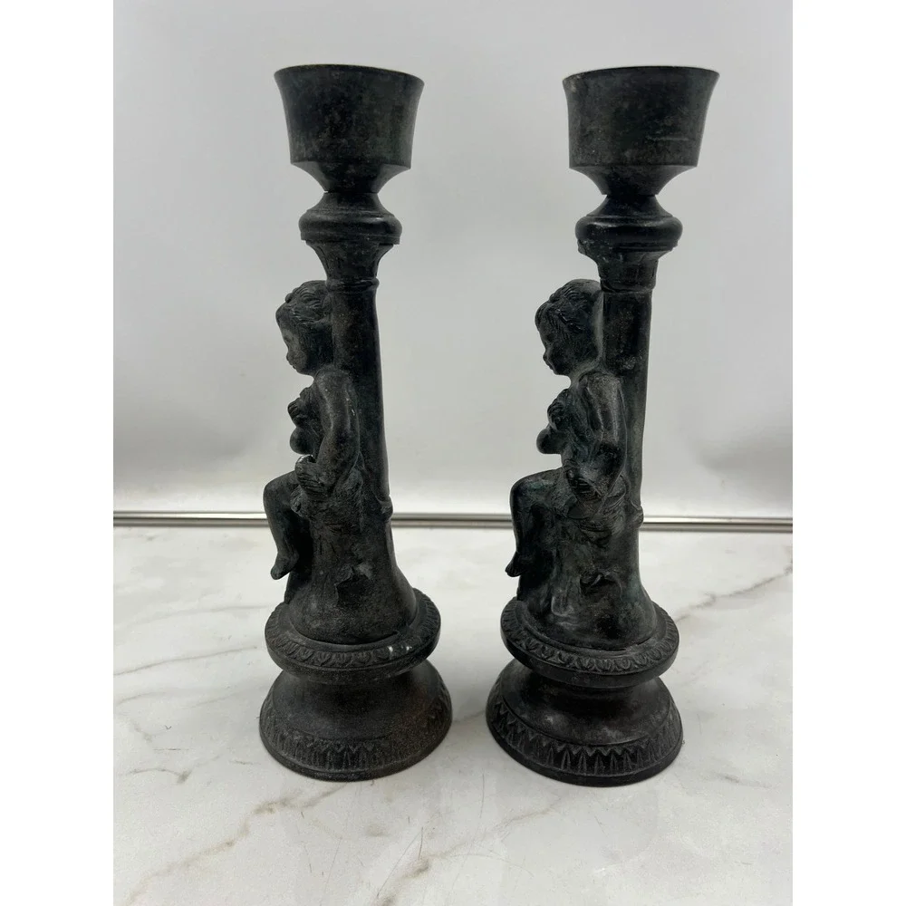 Vintage Bronze Cherub Candlestick Holders Pair Verdigris Patina Made India 9.5